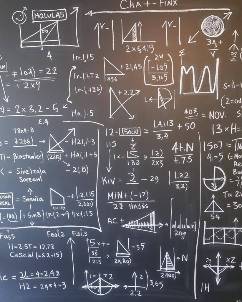 A blackboard filled with complex mathematical formulas, geometric shapes, graphs, and diagrams, written in white chalk.