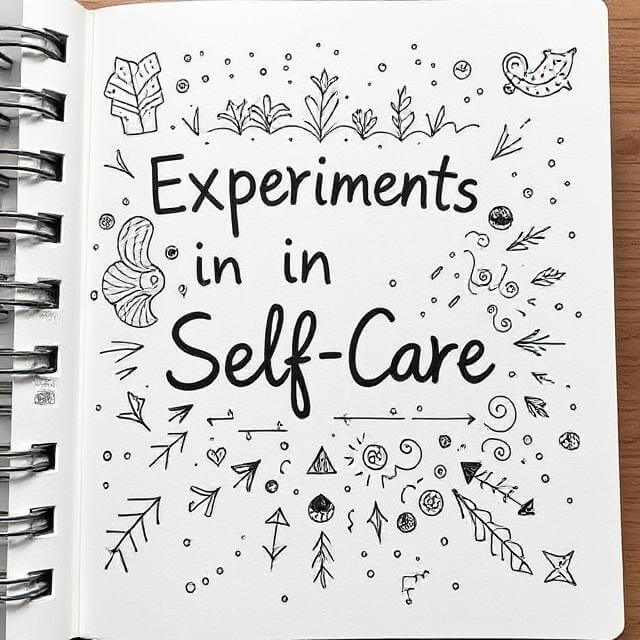Notebook page with "experiments in self-care" in the center and random squiggles and doodles surrounding it