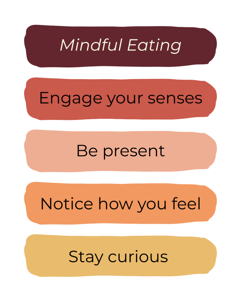 Text image: Mindful eating. Engage your senses. Be present. Notice how you feel. Stay curious