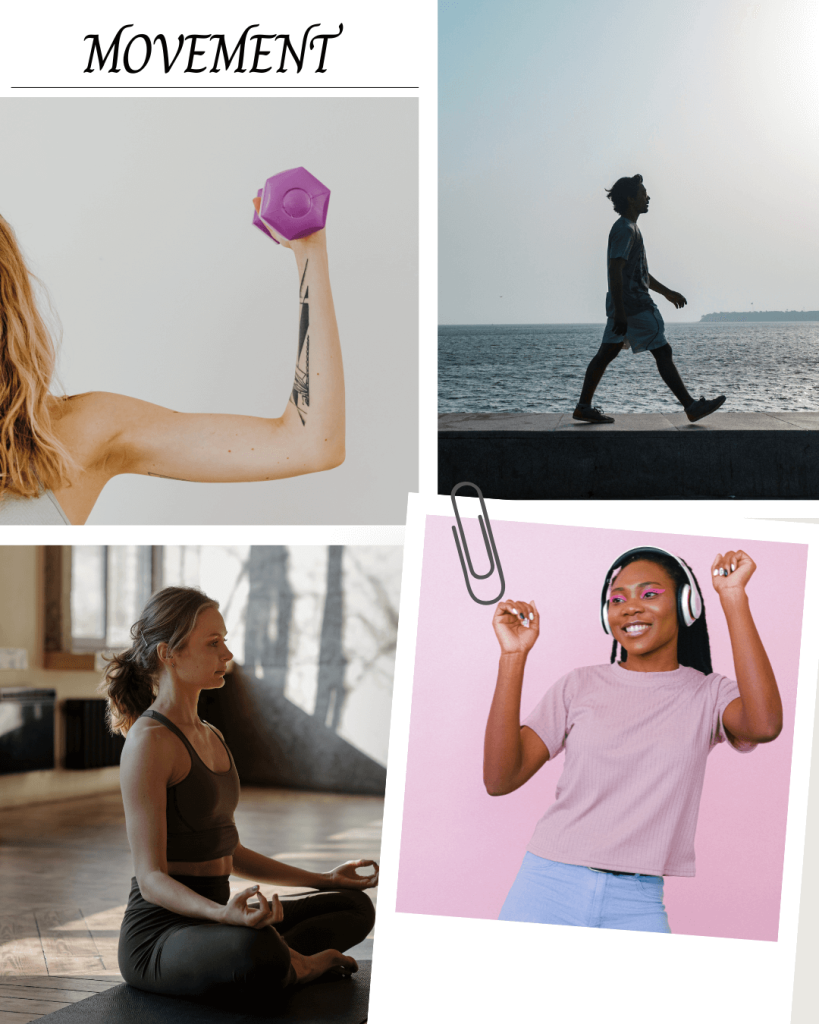 Collage of various types of movement including weights, walking, yoga, and dancing.
