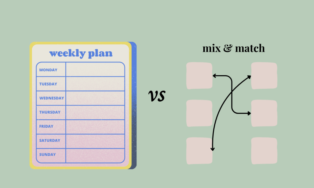 Two options are shown: weekly plan versus mix and match. The mix and match side has two columns of boxes with a couple of arrow pointing from one column to the other.