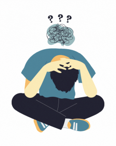 man sitting cross-legged with head down. cloud of confusion above his head.