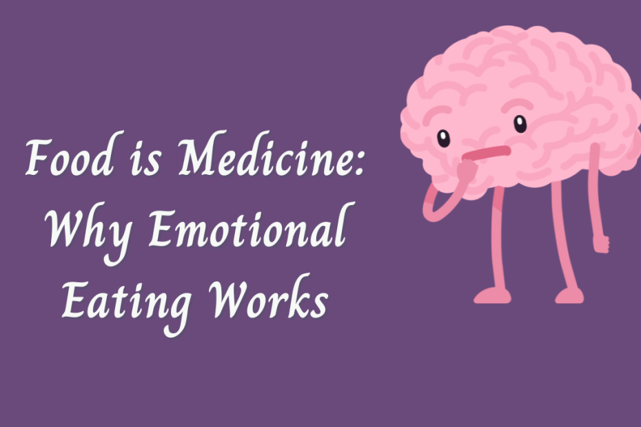 A icon of a brain looking confused at the title, "Food is Medicine: Why Emotional Eating Works.